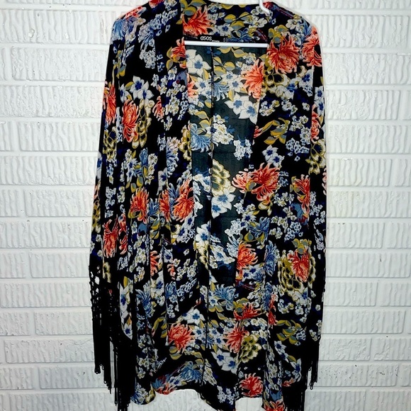 ASOS Accessories - ASOS Dark Floral Kimono With Fringe Trim